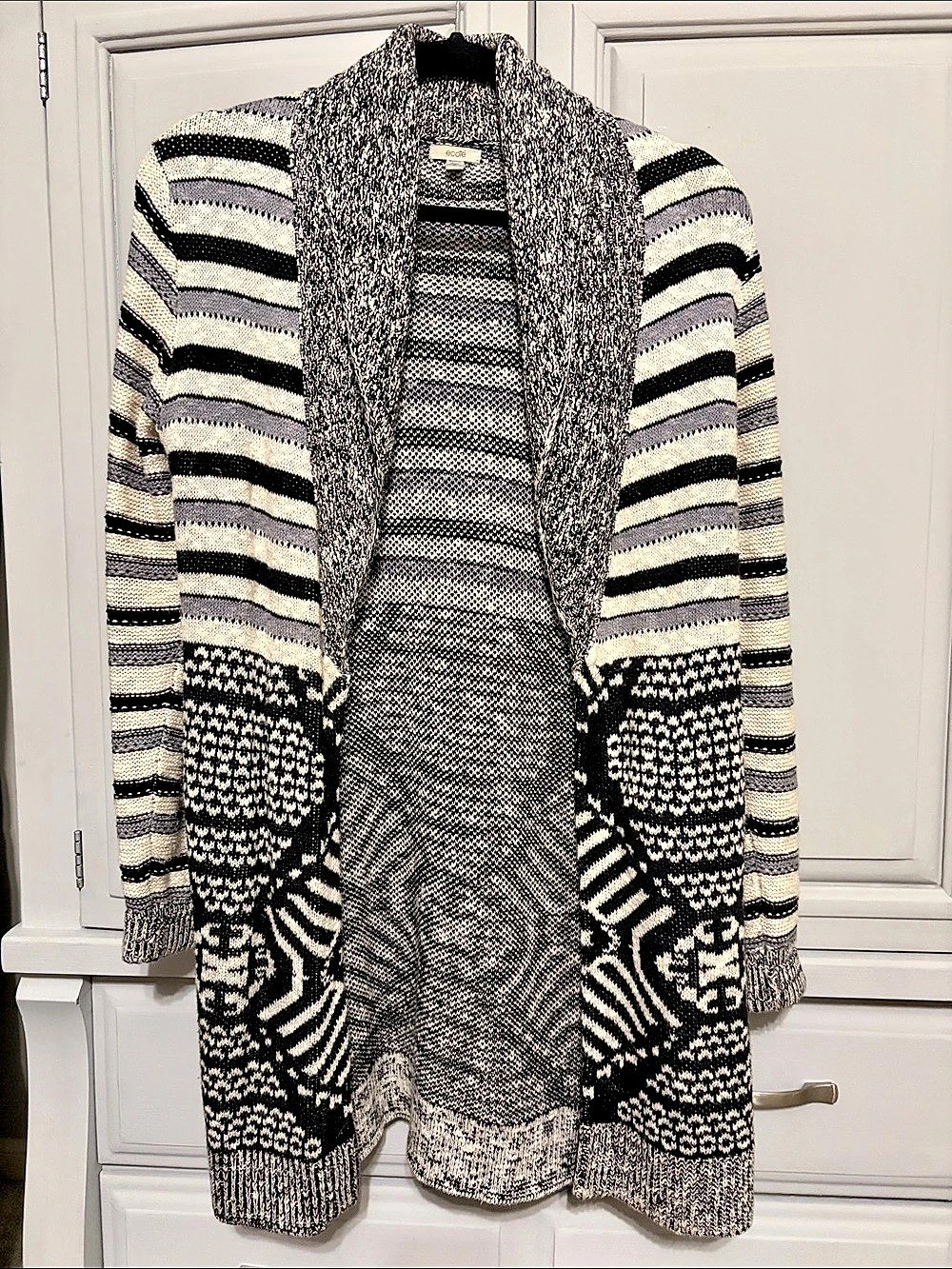Geometric Knit Cardigan in Black, Cream, and Light Blue Size Small